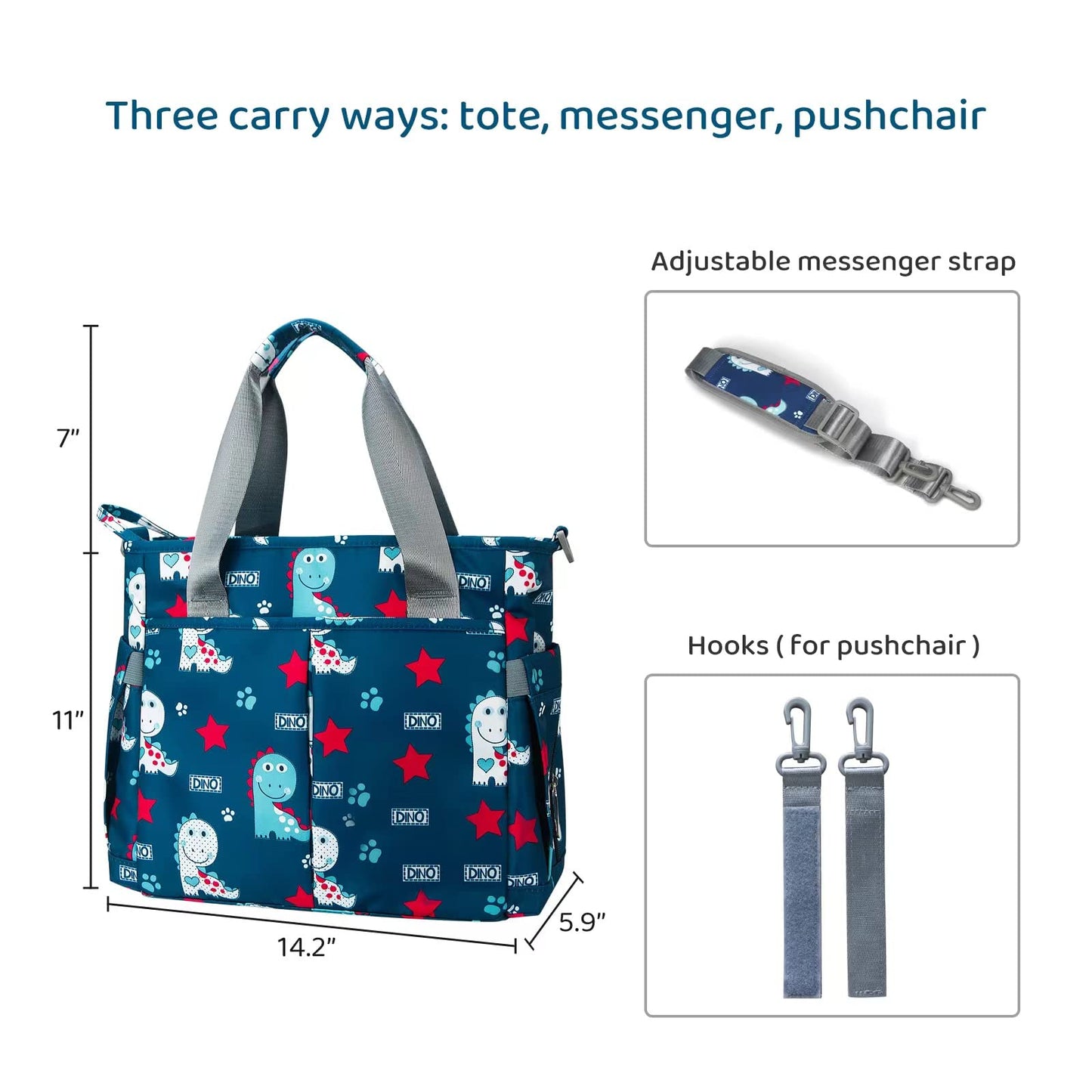 PHEBEN - Bolsa de pañales impermeable para bebé con mensajero para mamá y papá, multifuncional, tamaño mediano (lindo dinosaurio)