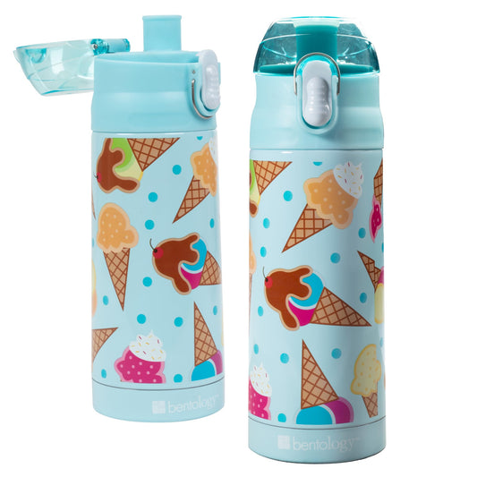 Bentology - Botella de agua aislada de acero inoxidable para niñas, 384 ml, fácil de usar, reutilizable, a prueba de derrames, sin BPA, mantiene el frío por horas, a prueba de fugas, diseño de helados