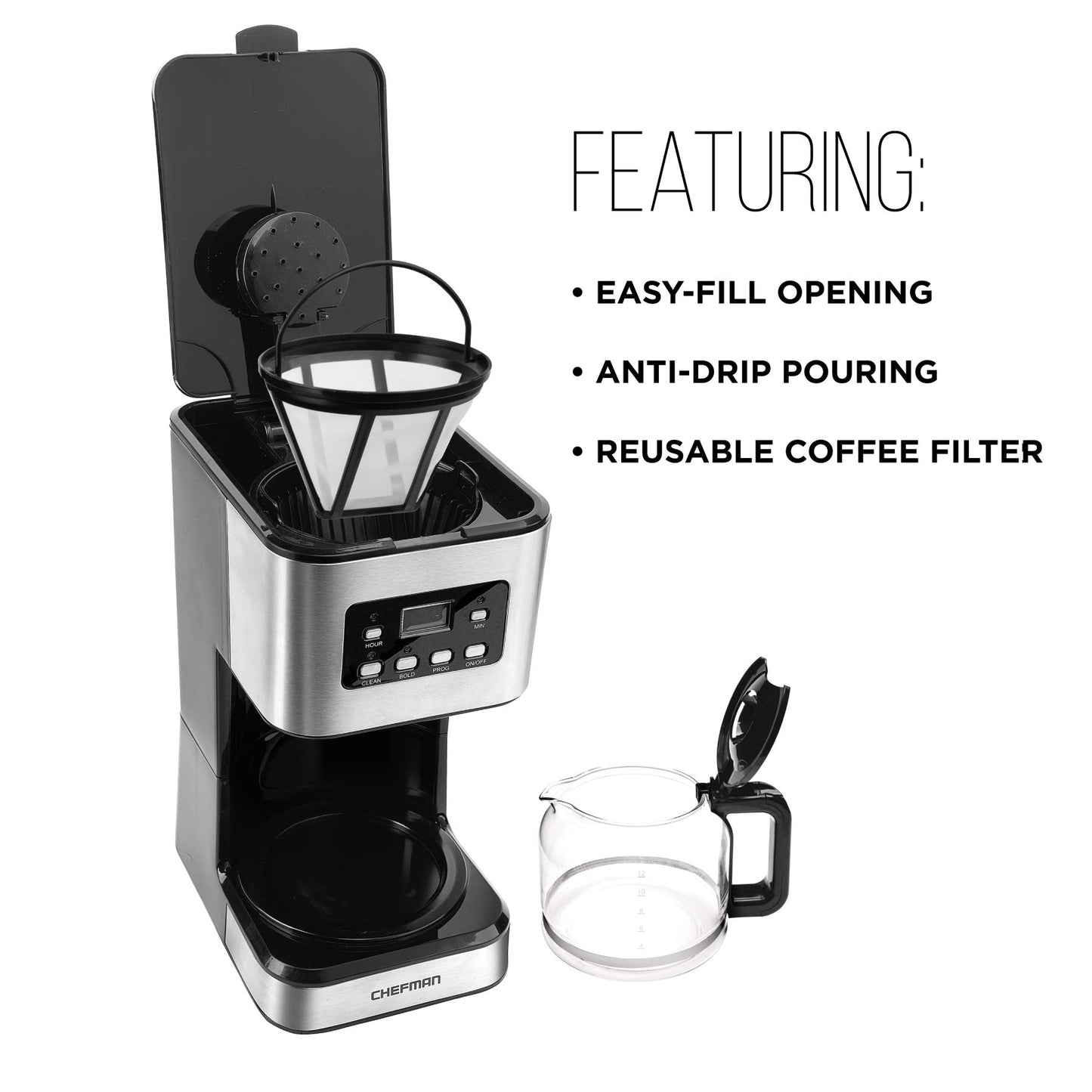 Chefman, Cafetera de Goteo Programable de 12 Tazas, Filtro Reutilizable, Acero Inoxidable