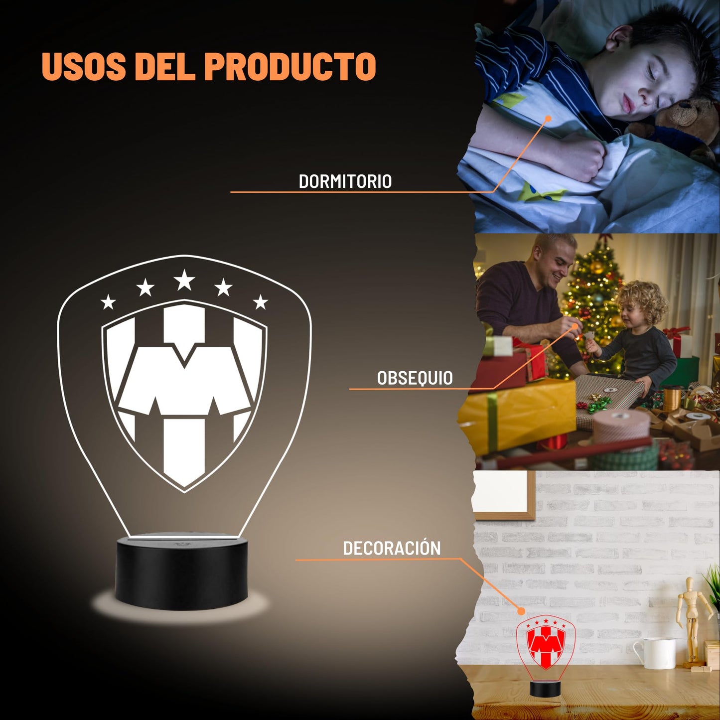 Artea 19 Lámpara del Monterrey 3D,Lámpara Luz Nocturna Led,Lámpara Acrílico Luces Cambiantes,Equipos Futbol 3D,Futbol Soccer,Luces Noche 3D, Regalo ideal para los Fanáticos del Futbol