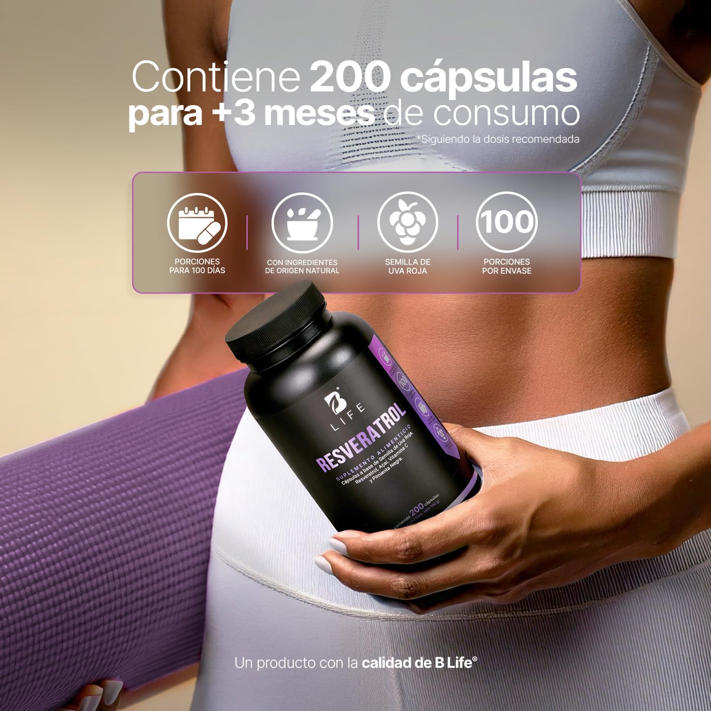 B Life Resveratrol 200 Cápsulas | Antioxidante de 1000 mg por porción | Pimienta negra, Uva Roja, Acai y Vitamina C. Ingredientes Naturales.