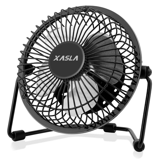 Ventilador de Escritorio USB de 4 Pulgadas xasla Negro con Estructura Metálica, Alta Potencia y Ángulo Ajustable 360°