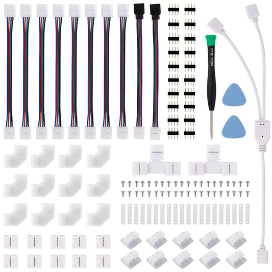 MAOXWY - Kit de conector de luz LED para tira de luces LED 5050, 4 pines, 10 mm, tiras de luz LED RGB con conectores clips y herramientas