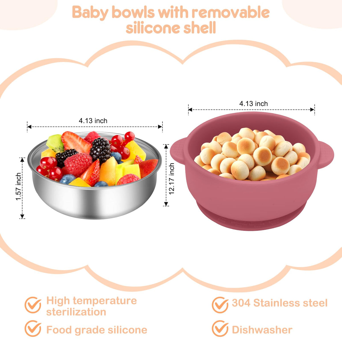 Wesketch - Juego de 4 cuencos de acero inoxidable con carcasa de succión de silicona antideslizante extraíble, contenedor de alimentos antiescaldados para alimentación de alimentos de bebé, azul cielo
