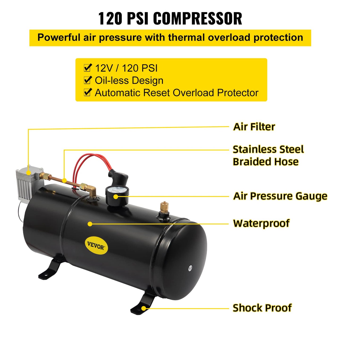 VEVOR Kit de bocinas de tren de 150 dB, 4 trompetas súper fuertes con compresor de aire de 120 PSI 12 V, tanque compresor de aire para cualquier vehículo, camión, coche, Jeep o SUV (negro)