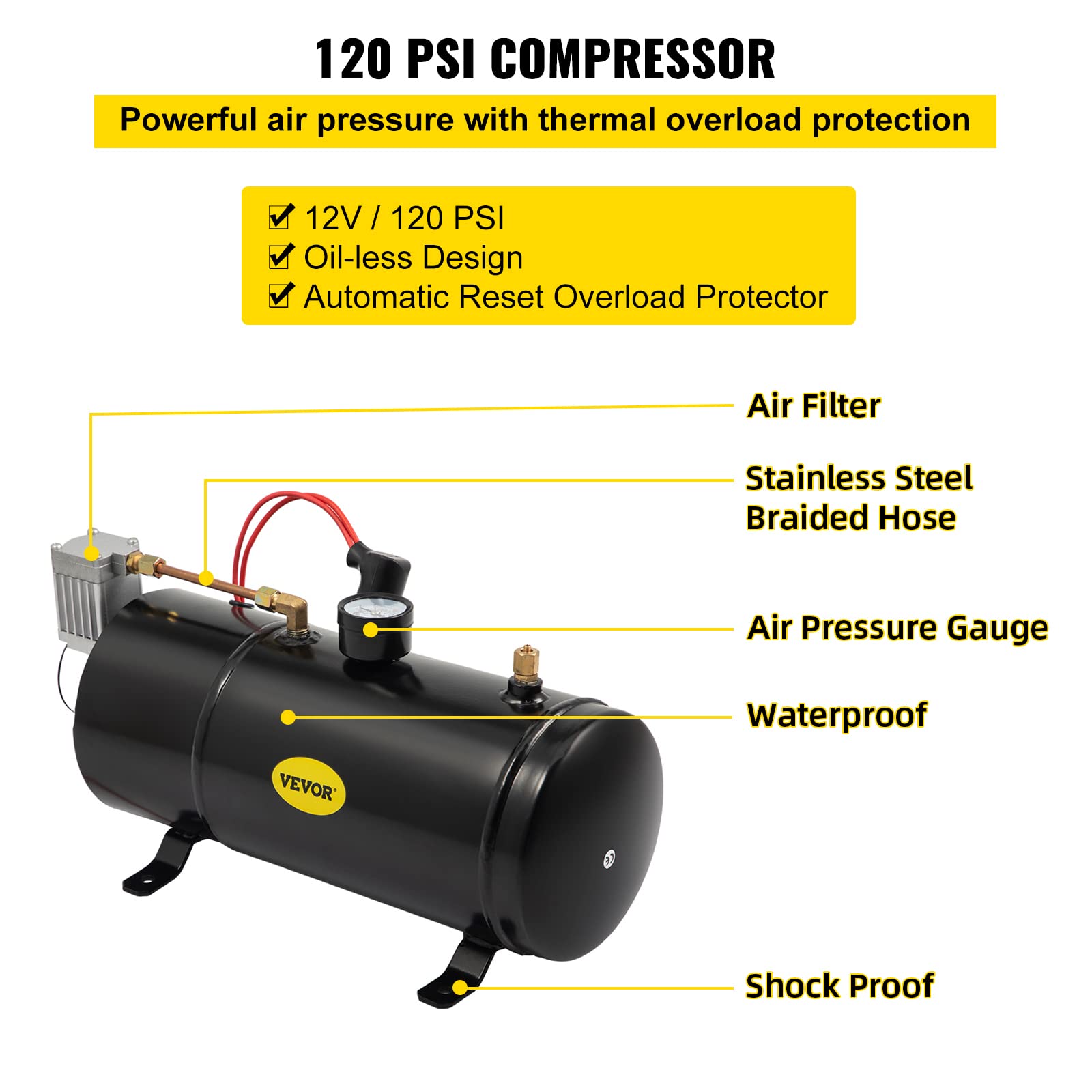 VEVOR Kit de bocinas de tren de 150 dB, 4 trompetas súper fuertes con compresor de aire de 120 PSI 12 V, tanque compresor de aire para cualquier vehículo, camión, coche, Jeep o SUV (negro)