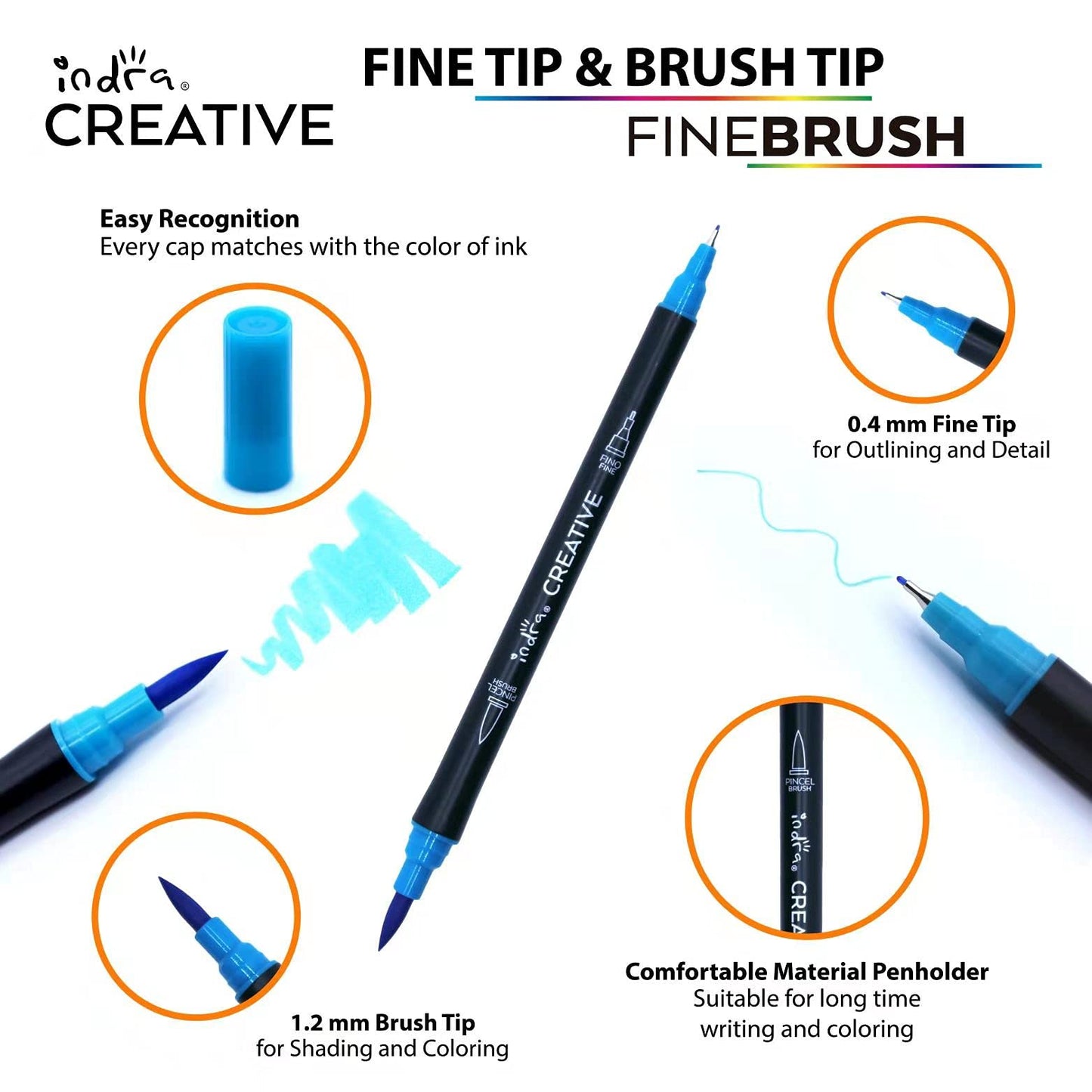 Marcadores Fineliner 72 piezas Rotuladores duales de acuarela INDRA con punta pincel y punto fino de 4mm hechas de nailon para niños y adultos