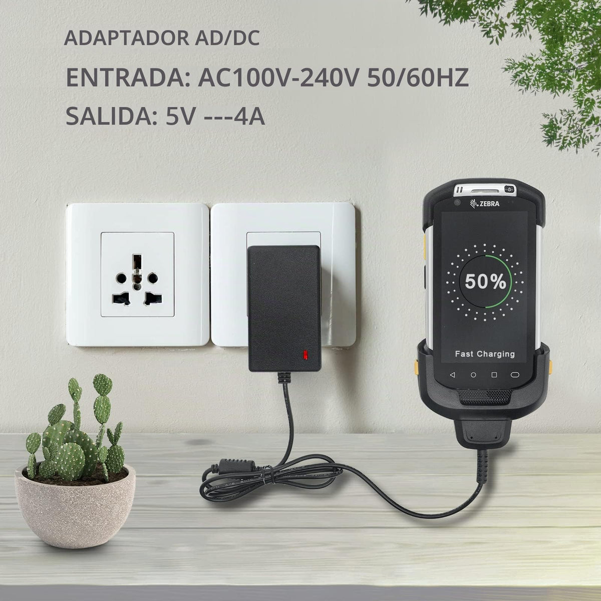 Cable Cargador para Escáner Zebra Symbol Negro 5V4A con Fuente de Alimentación para Android