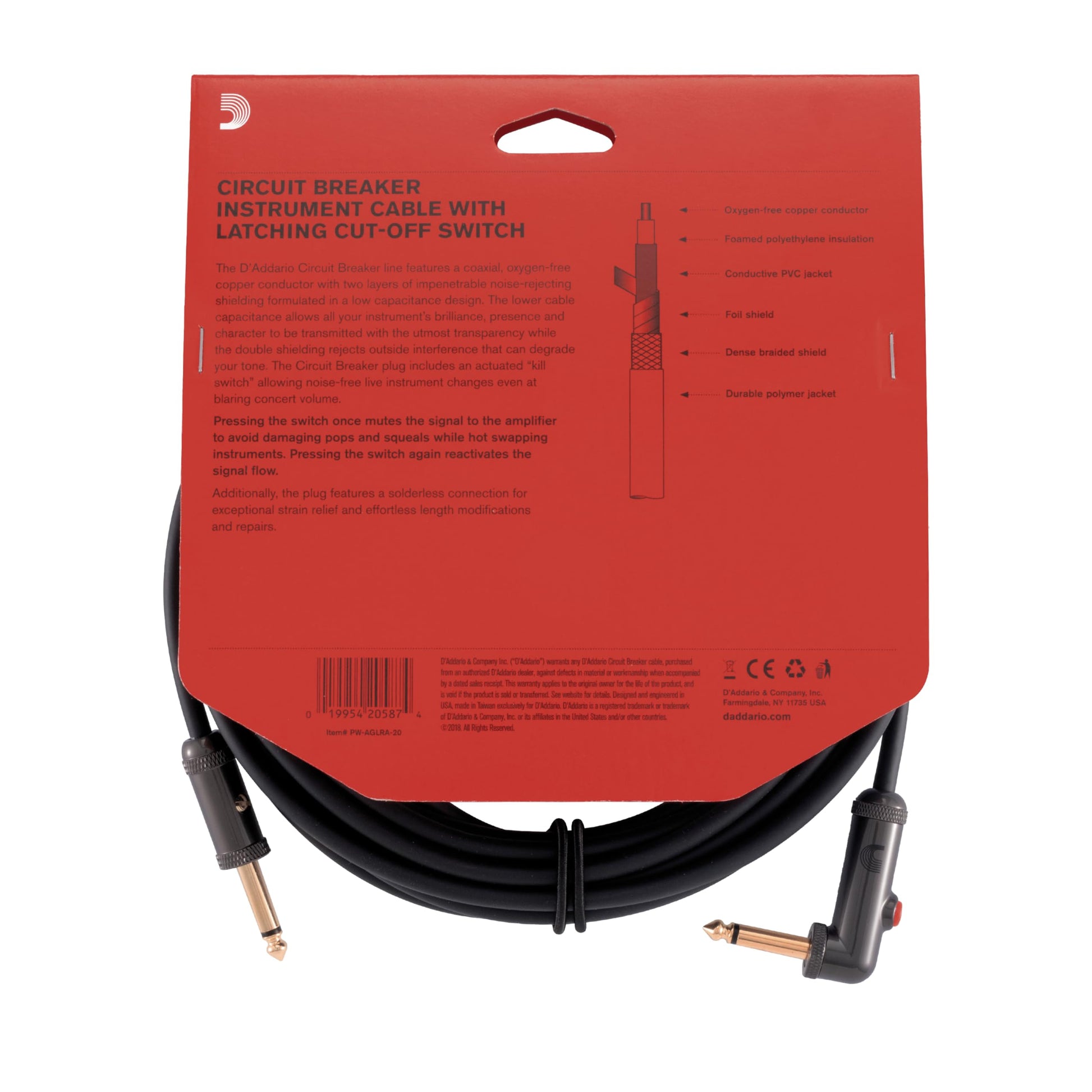 D'Addario Guitar Cable - Guitar Lead - Circuit Breaker Cable - Latching Cut-Off Switch to Mute When Changing Instrument - 20 Feet/7.62 Meters - Straight Ends/Right Angle - 1 Pack
