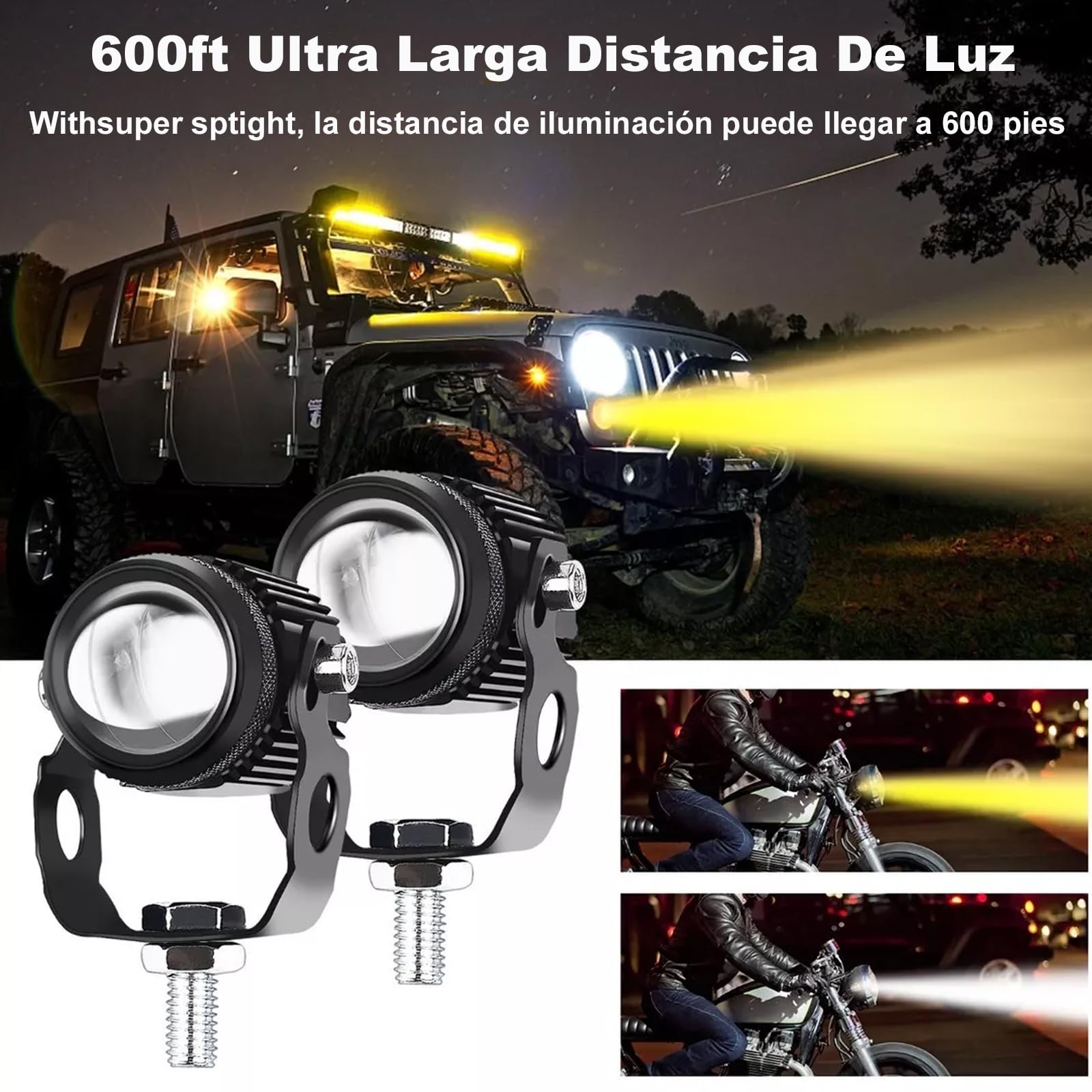 BAKEWAY Luces de Conducción de Motocicleta 65W - Antiniebla Con Dos Colores, 6000K LED Impermeable Para Moto, SUV, UTV, Bicicleta Eléctrica