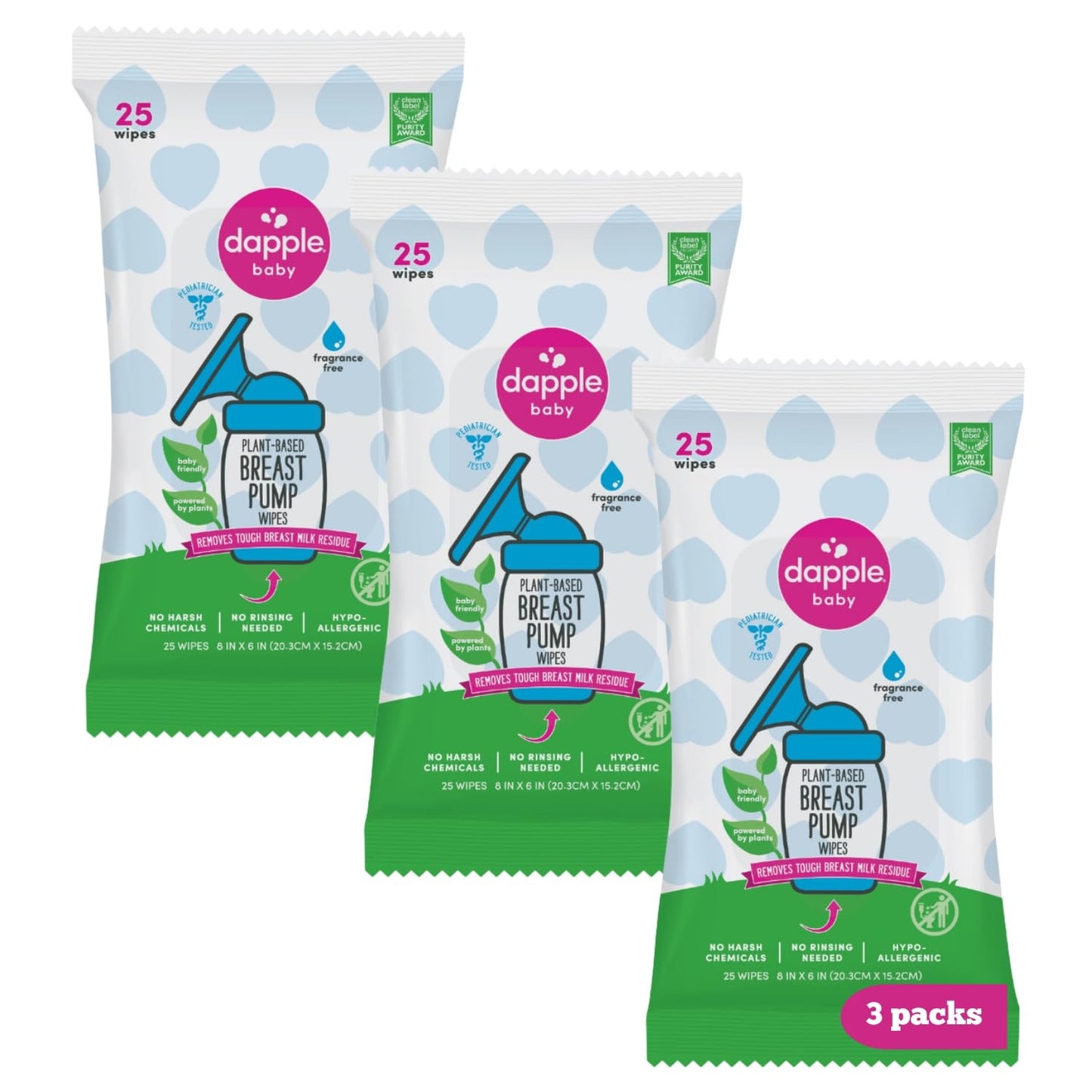 Dapple Baby, 25 unidades (paquete de 3), sin fragancia, a base de plantas e hipoalergénicas, elimina los residuos de leche, no deja sabor, práctica bolsa para toallitas
