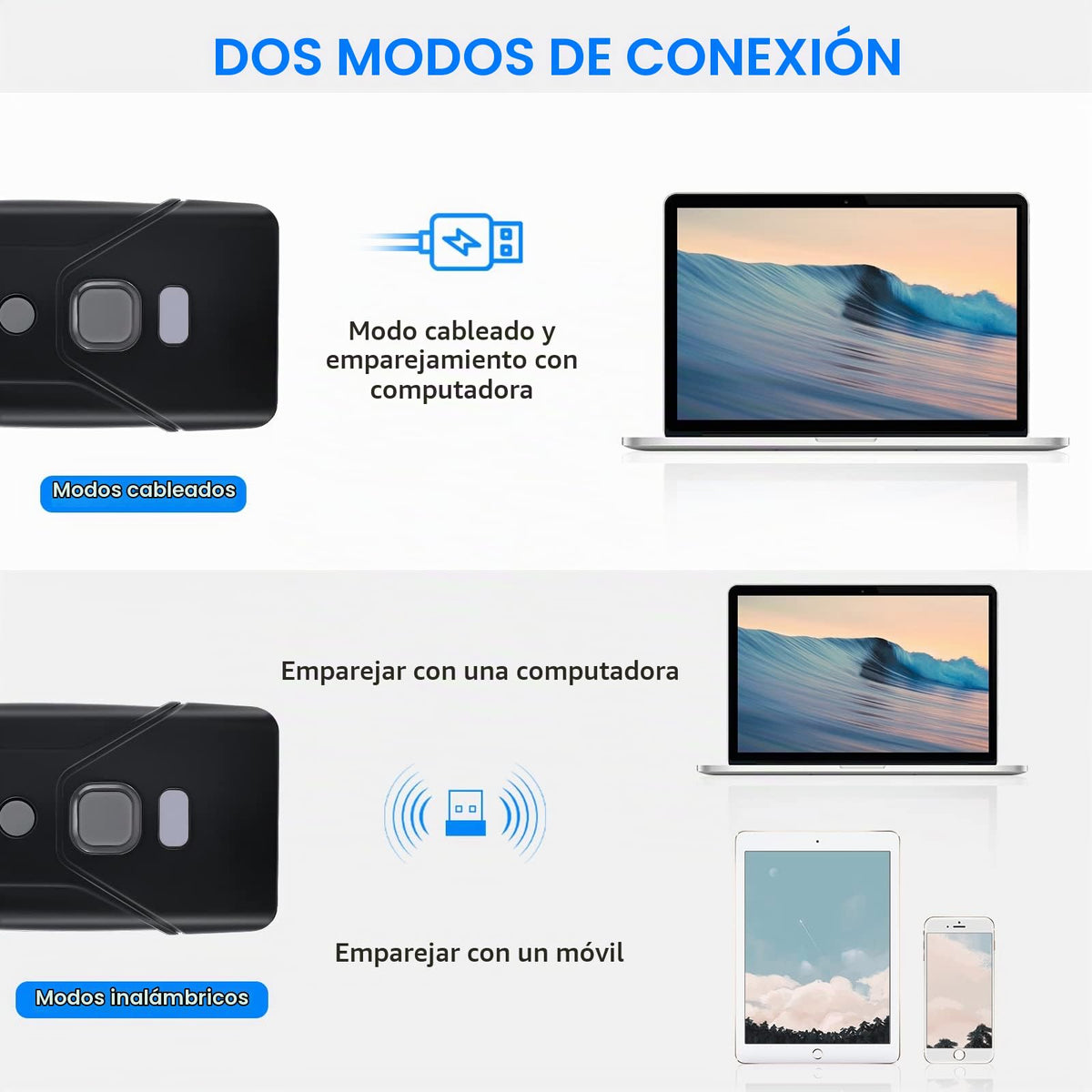 Escáner de Código de Barras Jrhc Mini 2D Negro Portátil Inalámbrico Bluetooth 3 en 1 Compatible con iOS, Android, Windows, Mac y PC