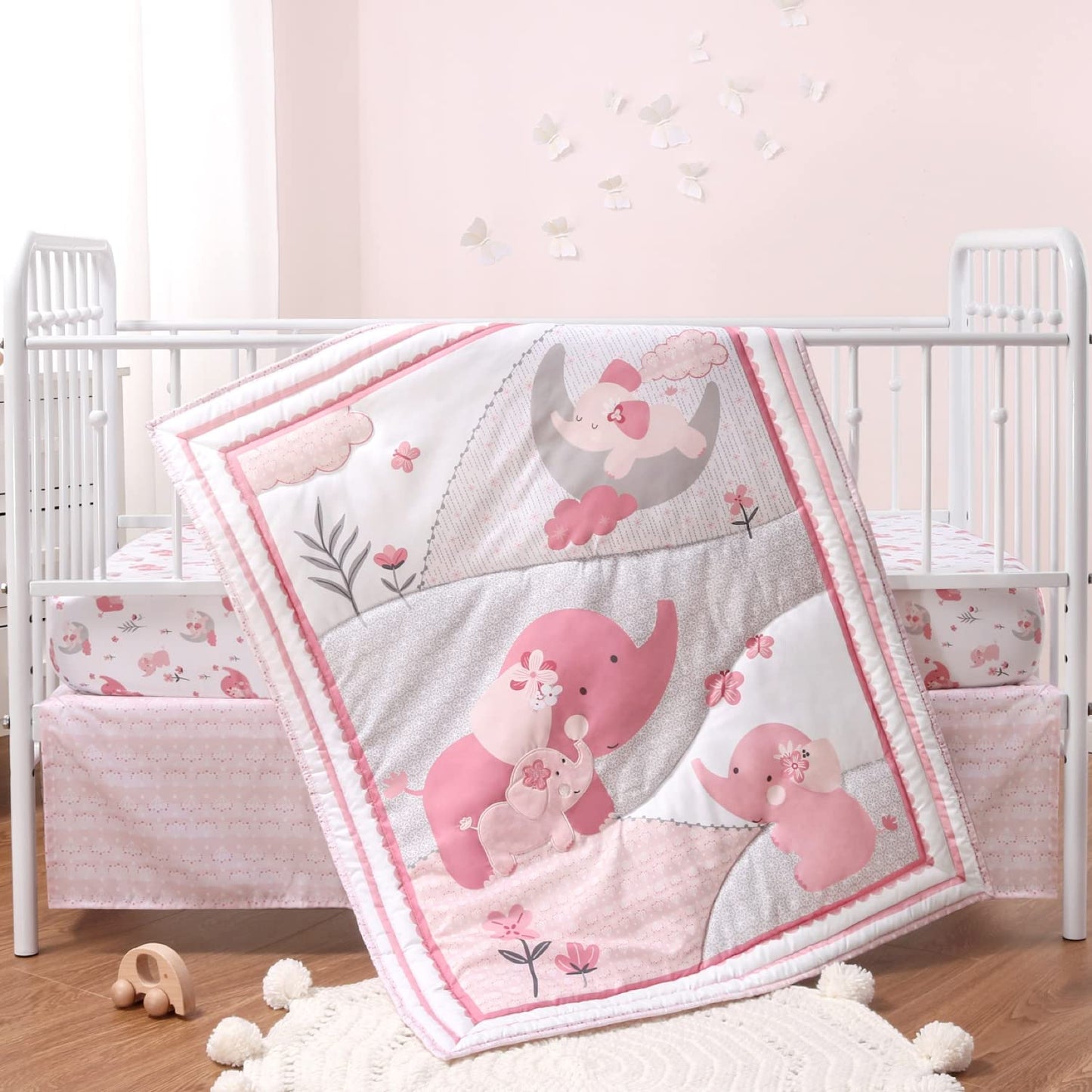 The Peanutshell - Juego de cama de 3 piezas para cuna de bebé para niñas – Juego de cama de bebé recién nacido, bebé y niño pequeño con sábana bajera para cuna, edredón con volantes en polvo