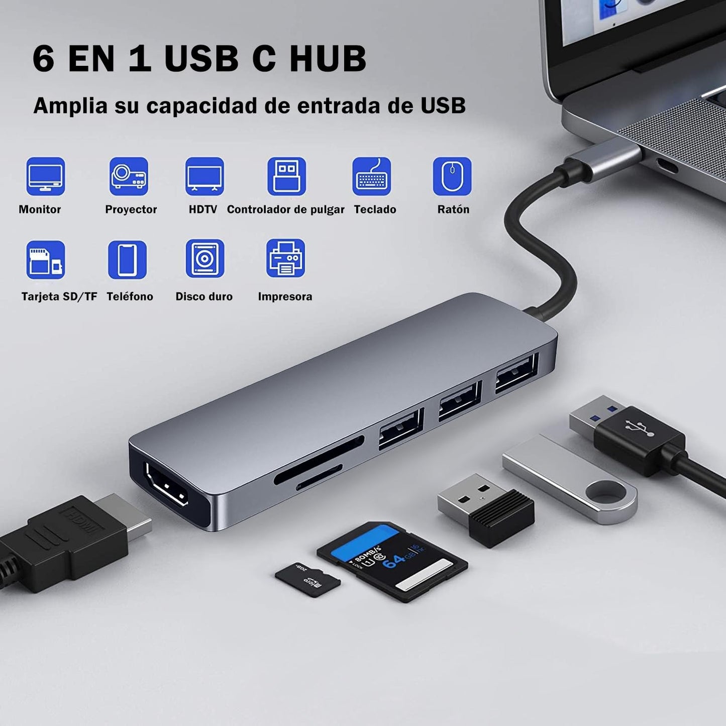Hub USB C 6 en1, Adaptador Multipuerto USB C para MacBook Pro, USB C Hub a HDMI 4K con 3 Puertos USB Lector de Tarjetas SD/Micro SD Compatible con MacBook Air, iPad Pro, XPS y Más Dispositivos Tipo C