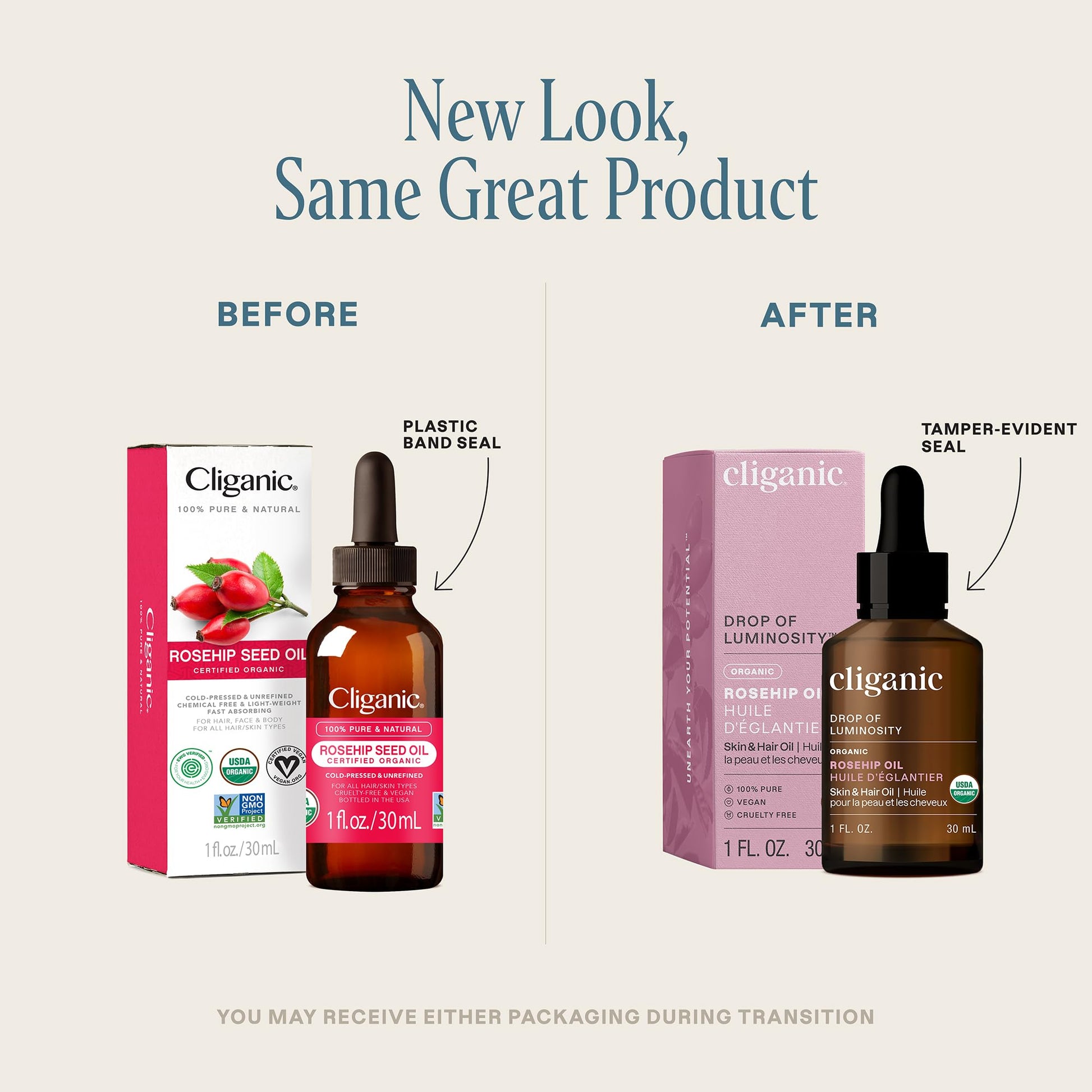 Cliganic USDA Organic Rosehip Oil for Face, 100% Pure | Natural Cold Pressed Unrefined Hexane-Free | Carrier Seed Oil for Skin, Hair & Nails | Certified Organic, 1oz | Cliganic 90 Days Warranty