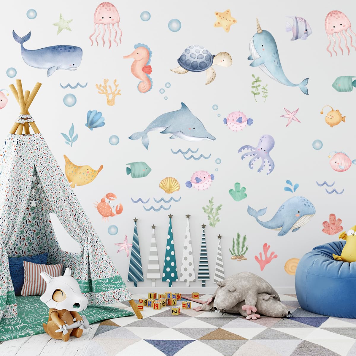 Calcomanías de pared de animales oceánicos, calcomanías de pared de ballenas bajo el mar, calcomanías de pared bajo el mar, calcomanías de pared de peces bajo el mar extraíbles de despegar y pegar