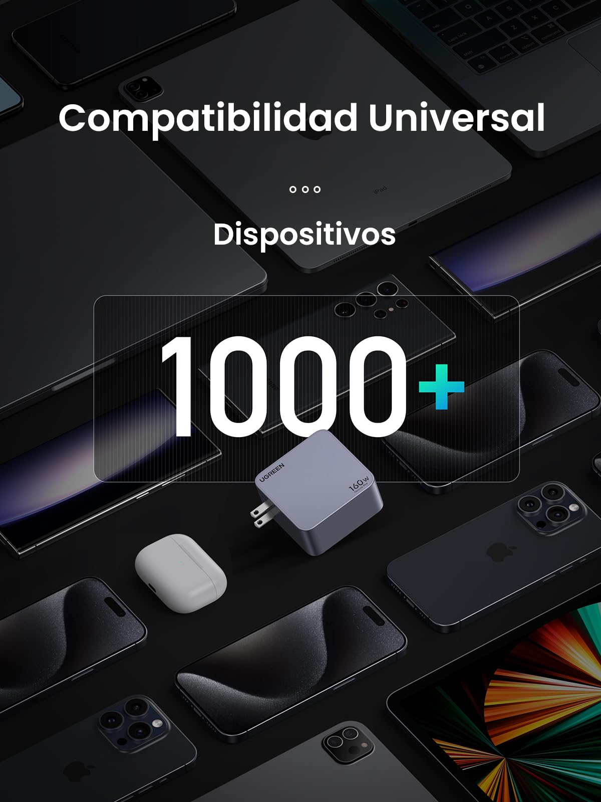 Cargador Tipo C UGREEN Nexode Pro 160W Negro PPS GAN de Pared 4 Puertos para iPad, iPhone y Galaxy