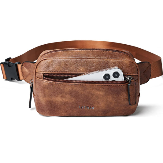 LATMAP - Riñonera de 2 L para todas partes, pequeña y a la moda, bandolera de piel sintética, impermeable, para mujer, a la moda, Marrón, Pequeño, Moda casual