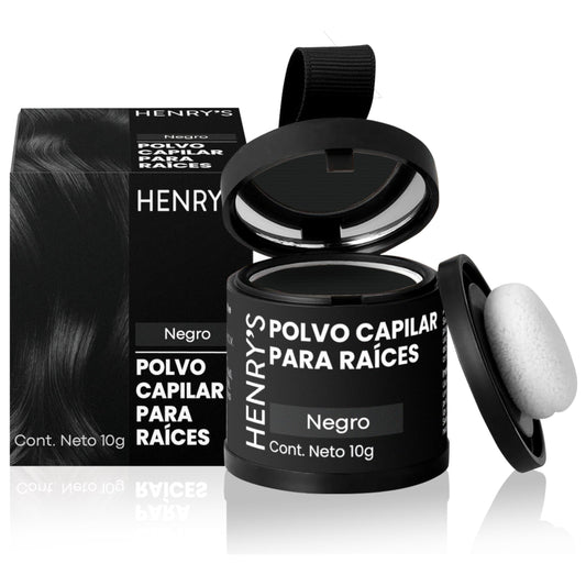 Henrys Polvo para Retocar Raíces Negro, Rellena Zonas Escasas, Define la Línea del Cabello y Cubre el Crecimiento de Raíces al Instante y en Cualquier Momento, Fibras Capilares Hairline Powder. Calvicie, Caida de Cabello o falta de Volumen para Mujer y Ho