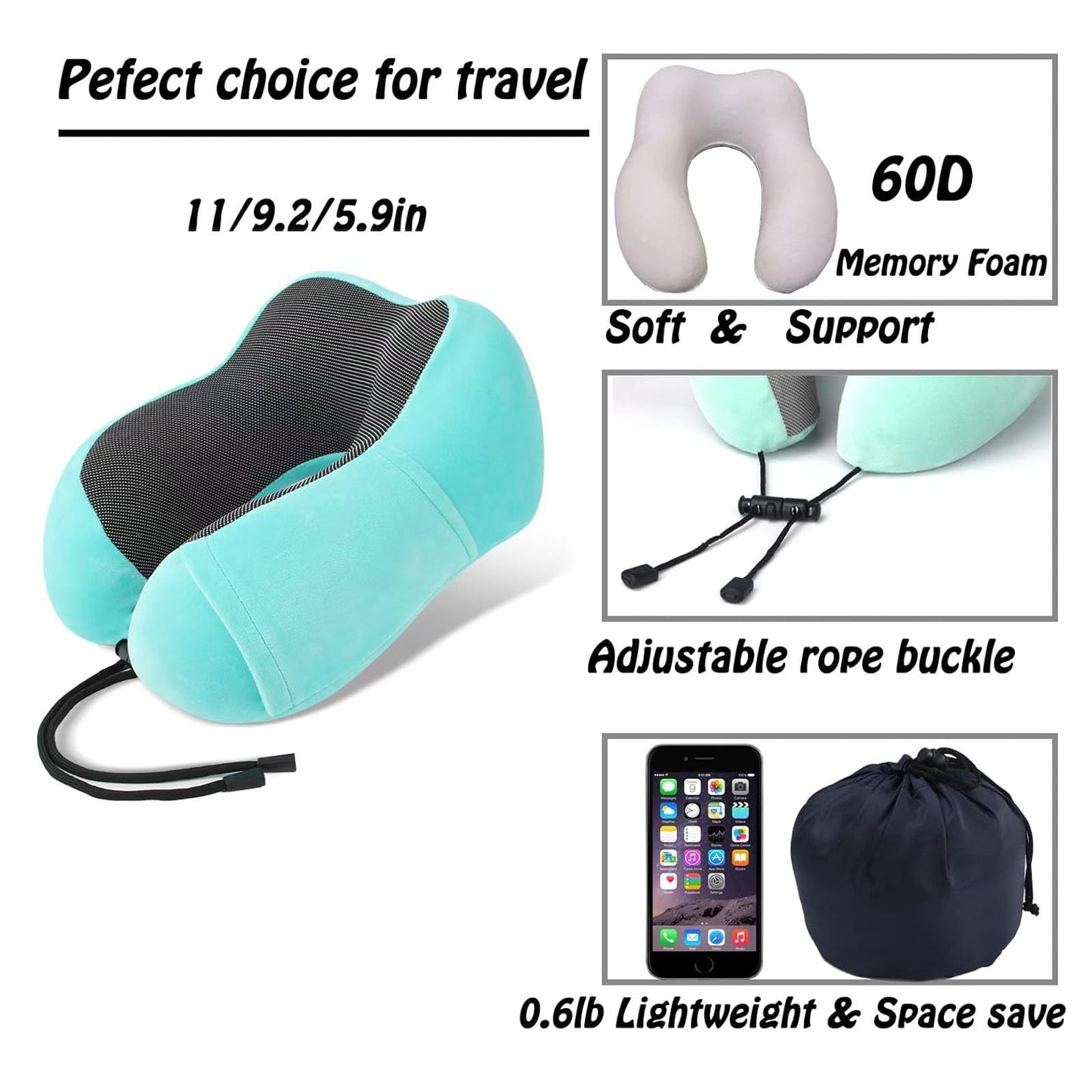 Almohada de Viaje,Almohada de Cuello Viscoelástica de Espuma de Memoria con Máscara de Ojos,Tapones para los oídos y Bolsa con Cordón, Soporte de Cuello para Avión, Oficina y el Hogar (Azul claro)