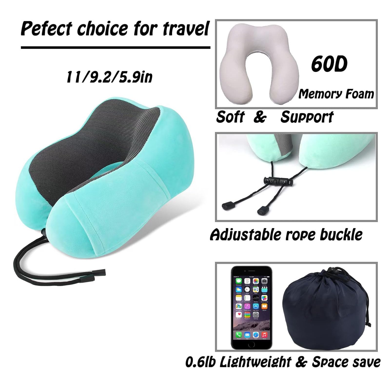Almohada de Viaje,Almohada de Cuello Viscoelástica de Espuma de Memoria con Máscara de Ojos,Tapones para los oídos y Bolsa con Cordón, Soporte de Cuello para Avión, Oficina y el Hogar (Azul claro)