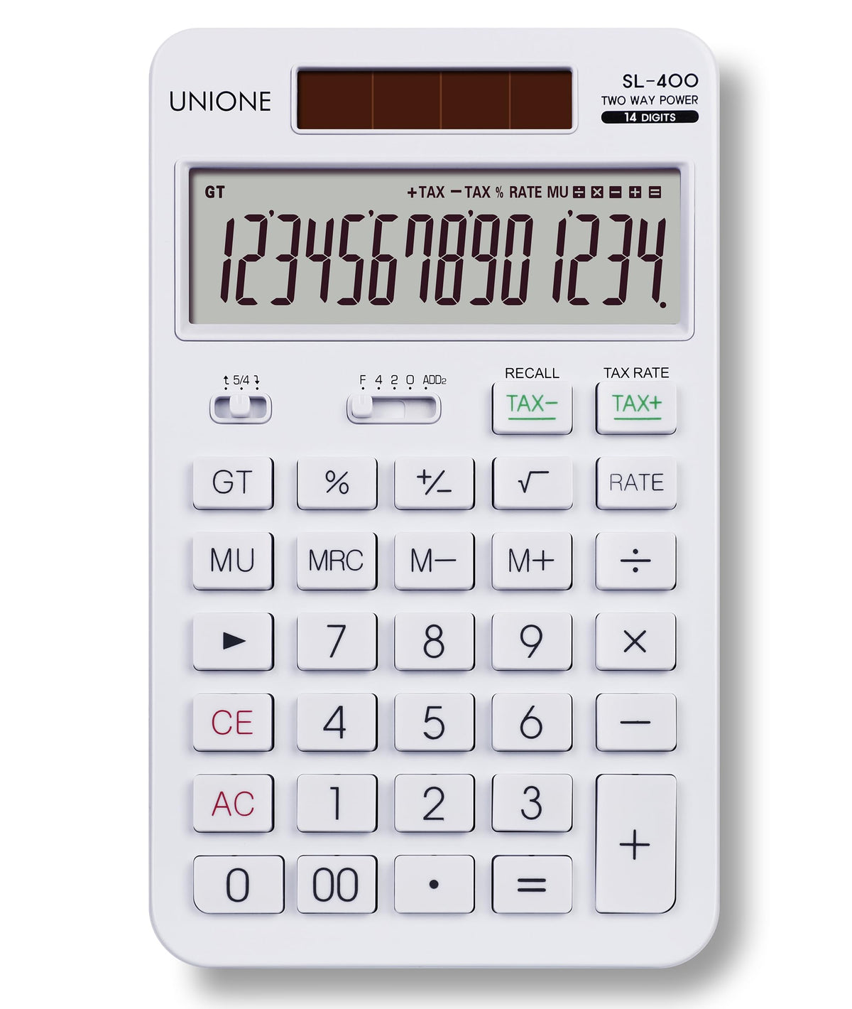 Calculadora UNIONE blanca de 14 Dígitos con Pantalla LCD Brillante para Negocios, Oficina y Escuela Secundaria