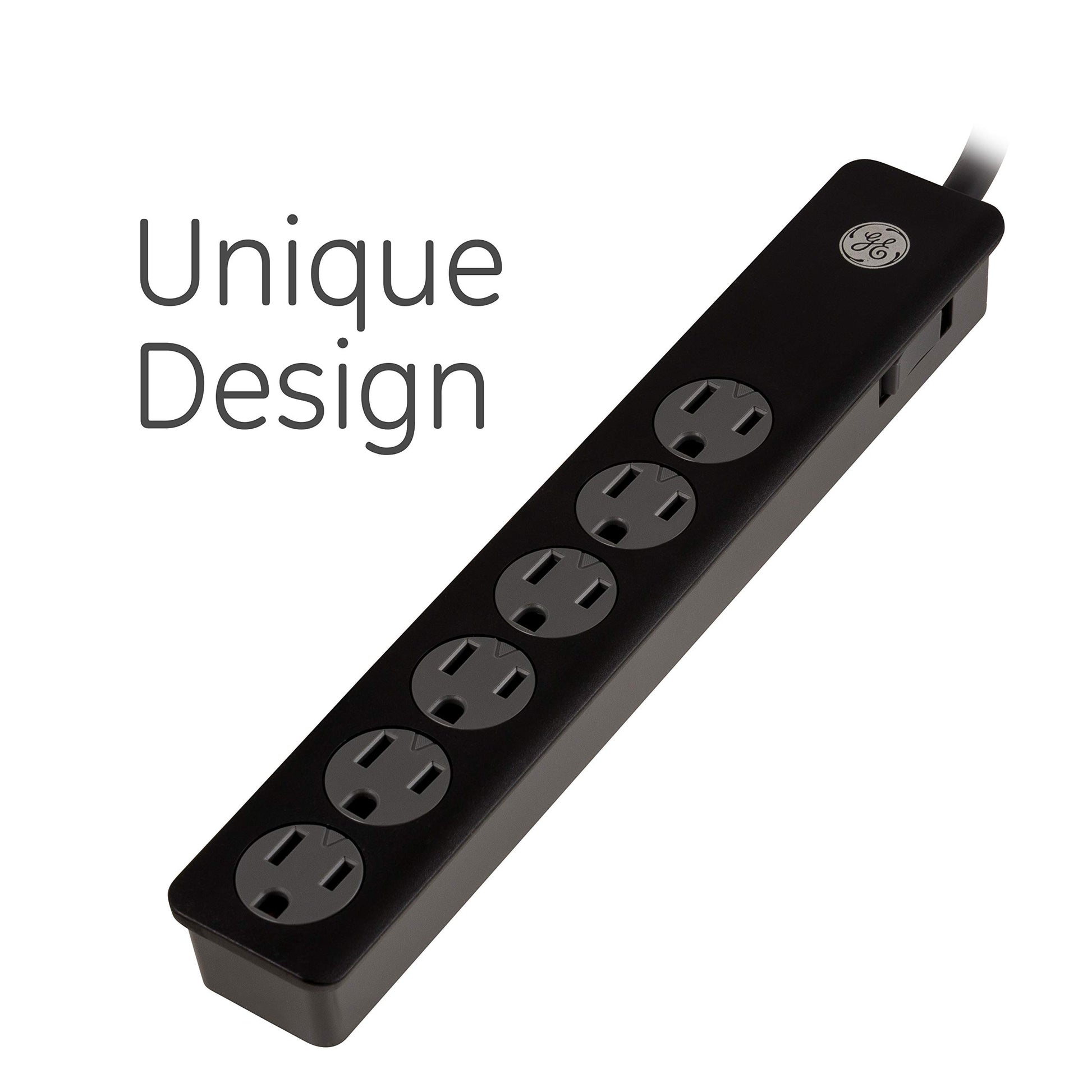 GE Tira Multicontactos De 6 Salidas con Supresor De Picos Y Enchufe Plano, Cable De Extensión De .60 Metros (2 Pies), 450 Julios, Cubiertas De Seguridad con Giro para Cerrar, Negro,2 Unidades, 54626