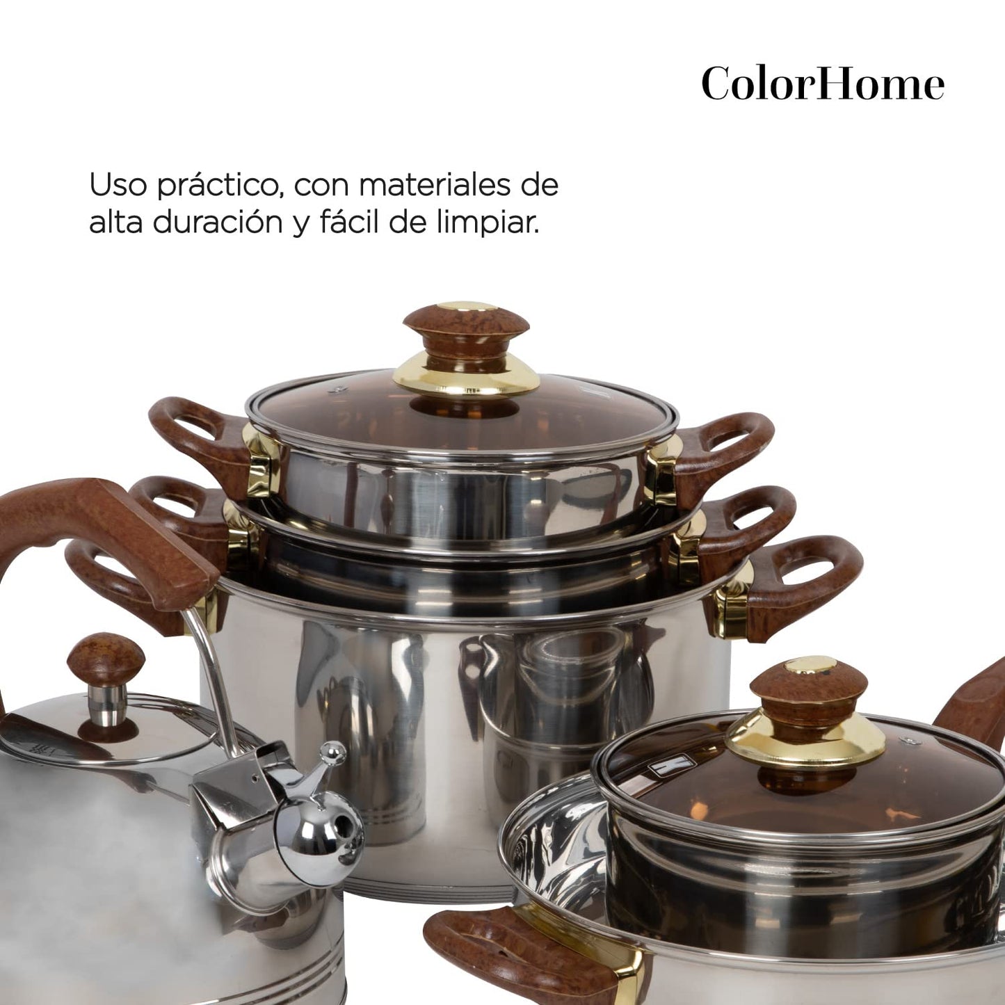 COLORHOME DESIGN | Batería de Cocina Acero Inoxidable - 11 Piezas – Triple Capa Y Tapas de Vidrio Templado – Mango de Baquelita Marrón - Juego de Caserolas de Cocina, Sartén, Teterá