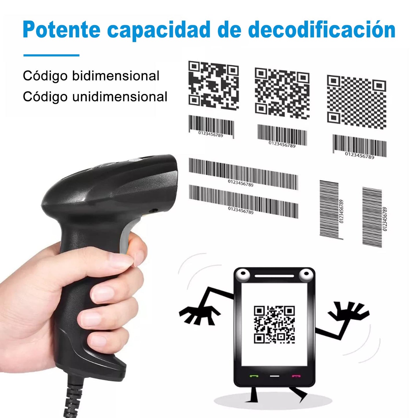 Escáner de Código de Barras Inalámbrico y Alámbrico con USB para Puntos de Venta con Soporte