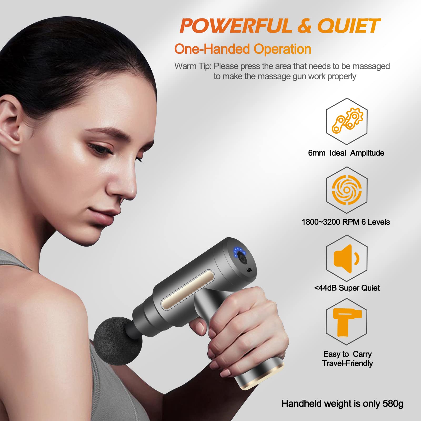 Pistola de Masaje Muscular, Uplayteck Mini Pistola de Masaje, Masajeador de Tejido Profundo Ajustables Massage Gun Portátil 4 Cabezales de Masaje para Relajar Los Músculos Aliviar el Dolor