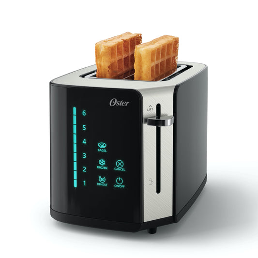 Oster tostador de visualización táctil de 4 rebanadas, temporizador de cuenta regresiva, 6 ajustes de sombra, tecnología Easy Touch, modos Bagel/recalentamiento/congelado, acero inoxidable