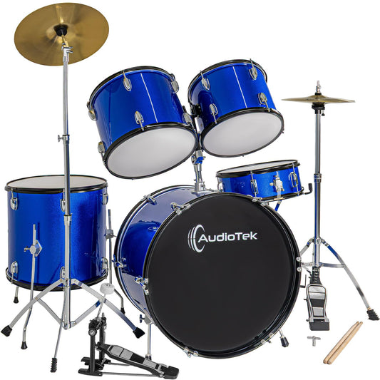 AUDIOTEK Bateria Acustica 5 Piezas Completo Platillos Atriles Bombo 23 Pulgadas Toms Redoblante Tambor de Piso Baquetas Incluidas Kit Musical Semi Profesional para Principiantes y Adultos (Azul)