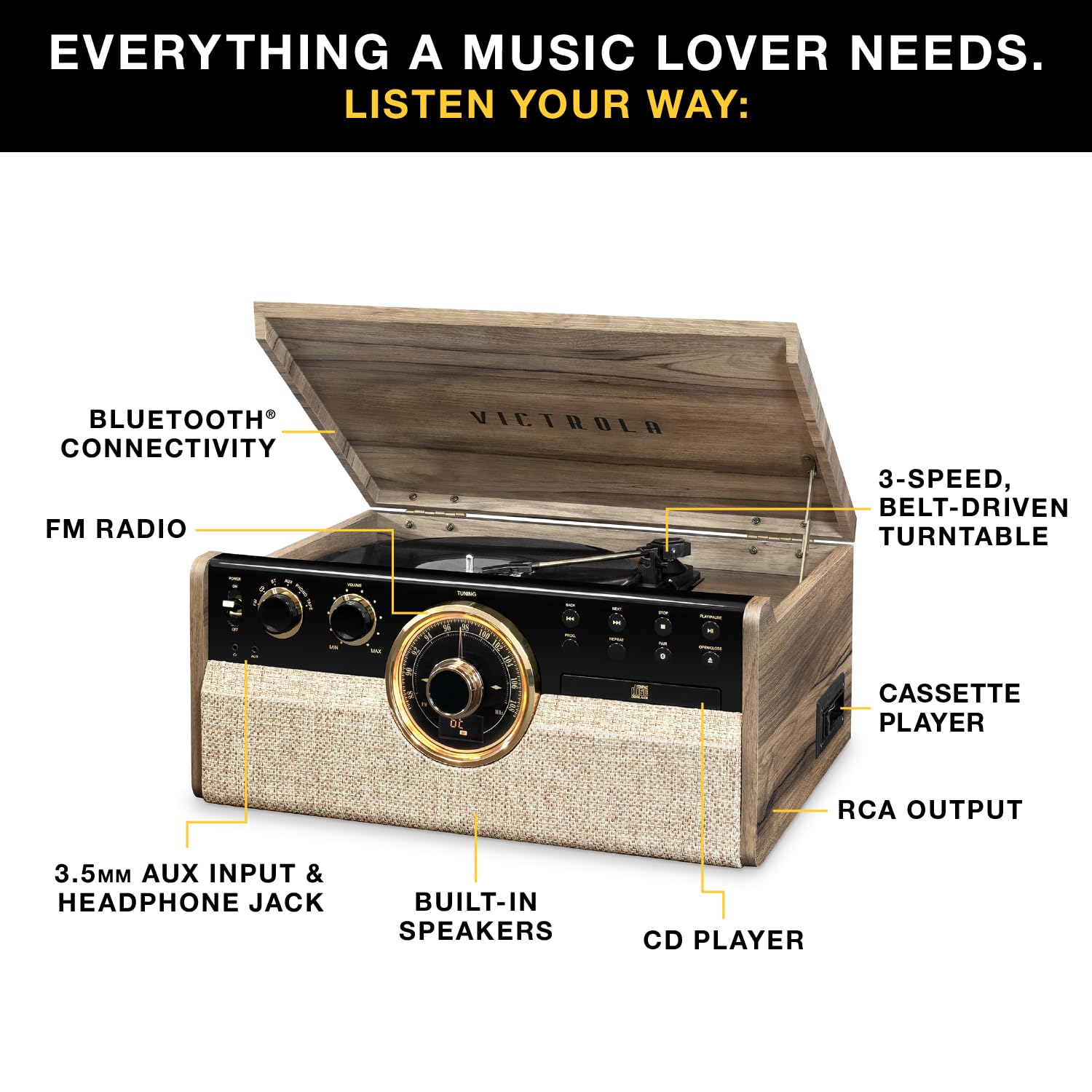 Tocadiscos Victrola Empire Madera Bluetooth 6 en 1 Moderno de 3 Velocidades
