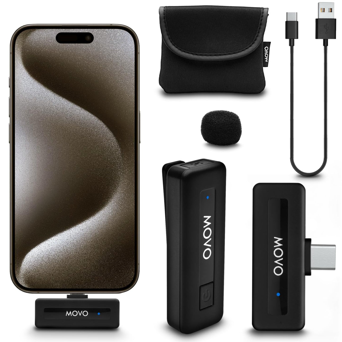 Micrófono Inalámbrico USB-C Movo Negro con Batería de 10 Horas y Alcance de 165 Pies Compatible con iPhone 15/16 Pro Max
