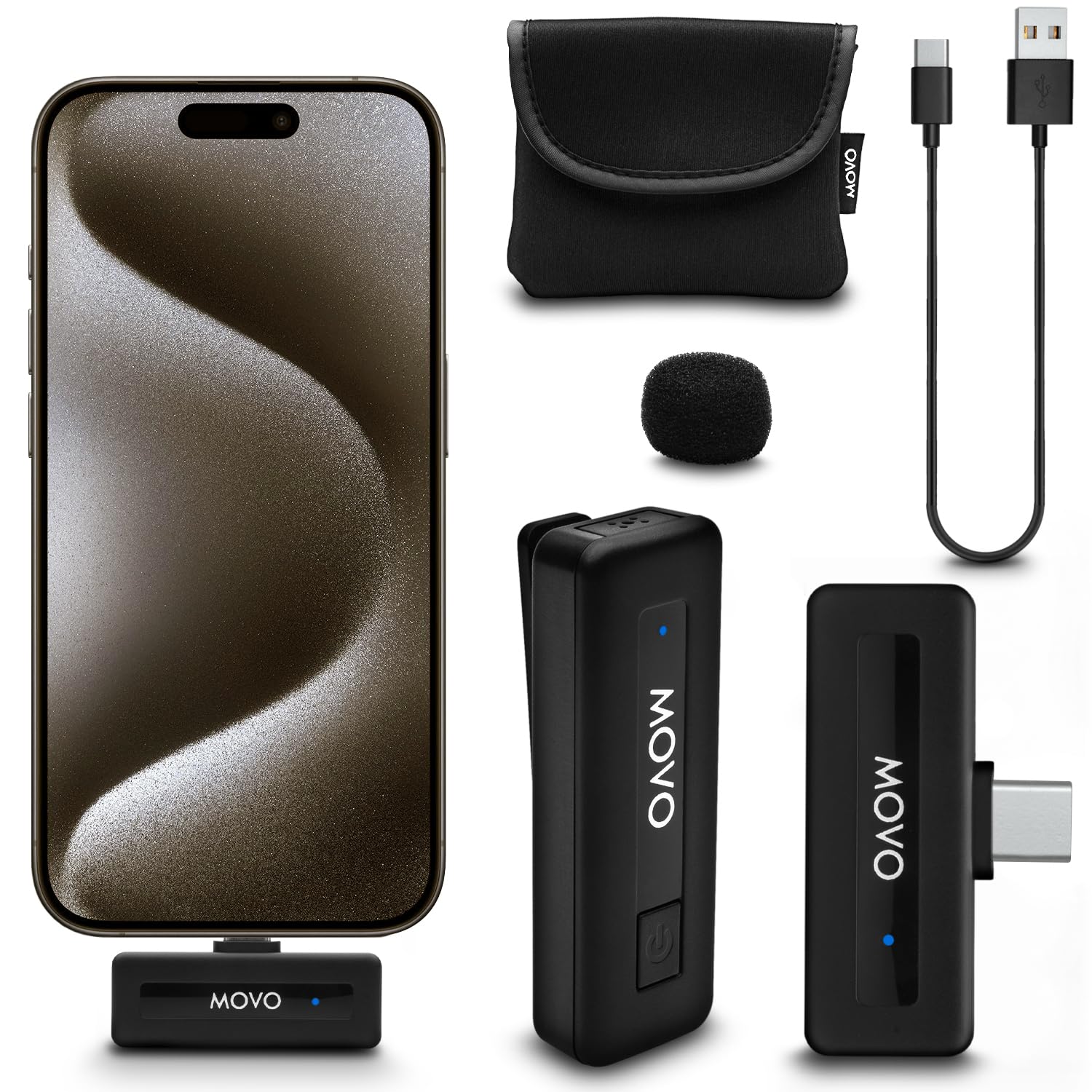 Micrófono Inalámbrico USB-C Movo Negro con Batería de 10 Horas y Alcance de 165 Pies Compatible con iPhone 15/16 Pro Max