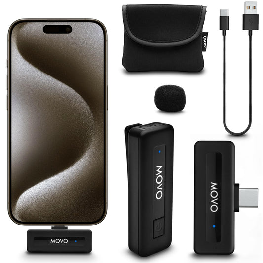 Micrófono Inalámbrico USB-C Movo Negro con Batería de 10 Horas y Alcance de 165 Pies Compatible con iPhone 15/16 Pro Max