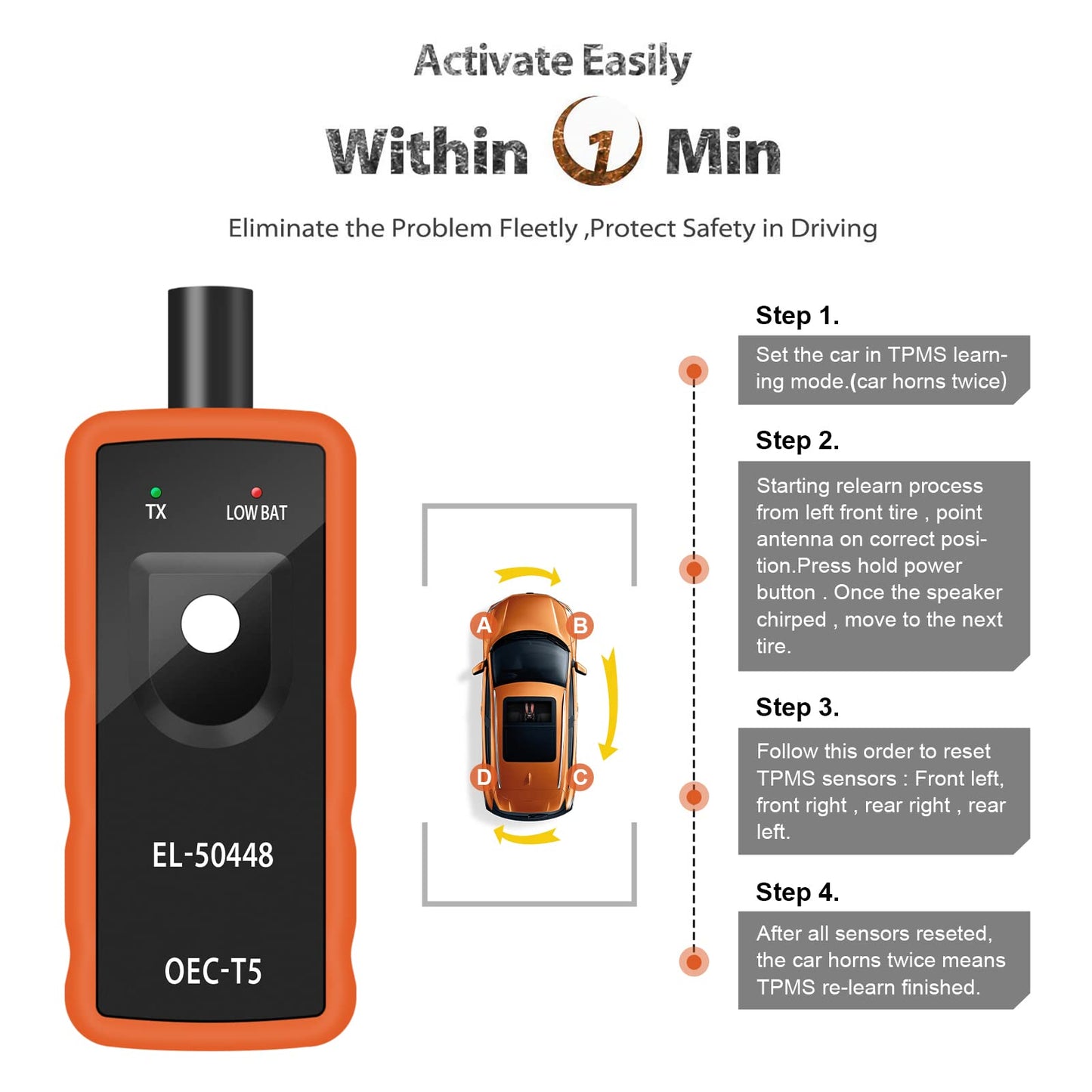 JDIAG EL-50448 TPMS - Herramienta de reinicio para auto monitor de presión de neumáticos, sistema de activación de sensores, herramienta de reinicio TPMS OEC-T5 para vehículos de la serie Buick/Chevy