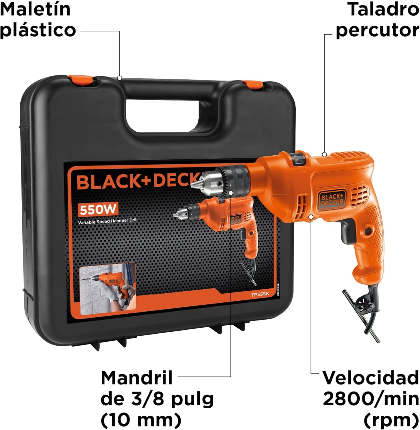 BLACK+DECKER Taladro Rotomartillo 3/8" (10mm), 550W, Incluye Caja de Herramientas, TP550K