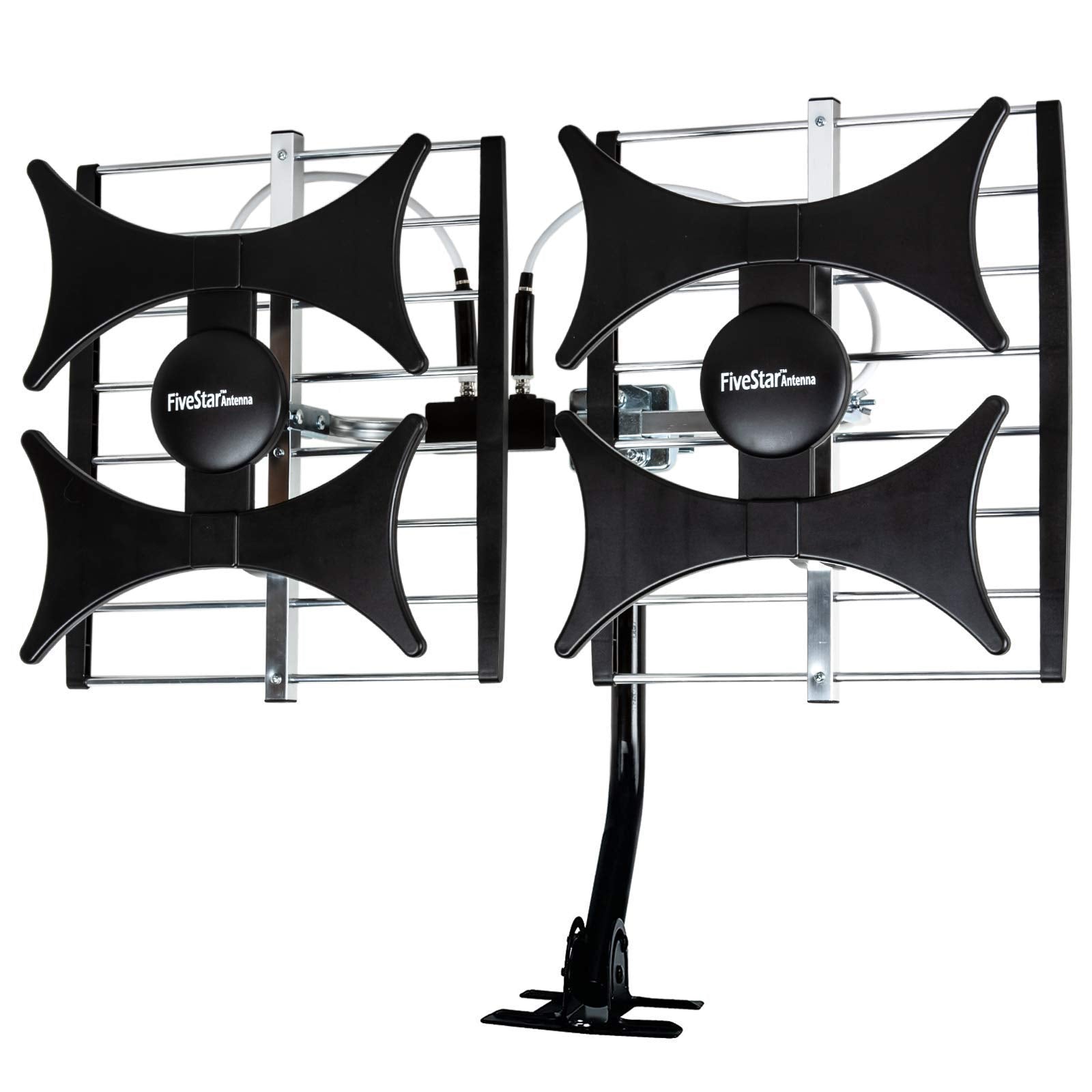 Five Star Antena multidireccional de 4 V HDTV amplificada – hasta 200 millas de alcance, UHF/VHF, interior, ático, exterior, 4K Ready 1080P FM con cable coaxial RG6 de 40 pies, poste de montaje