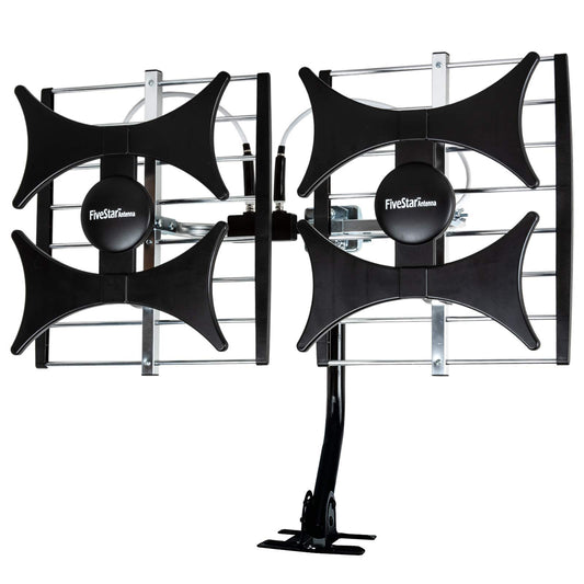 Five Star Antena multidireccional de 4 V HDTV amplificada – hasta 200 millas de alcance, UHF/VHF, interior, ático, exterior, 4K Ready 1080P FM con cable coaxial RG6 de 40 pies, poste de montaje