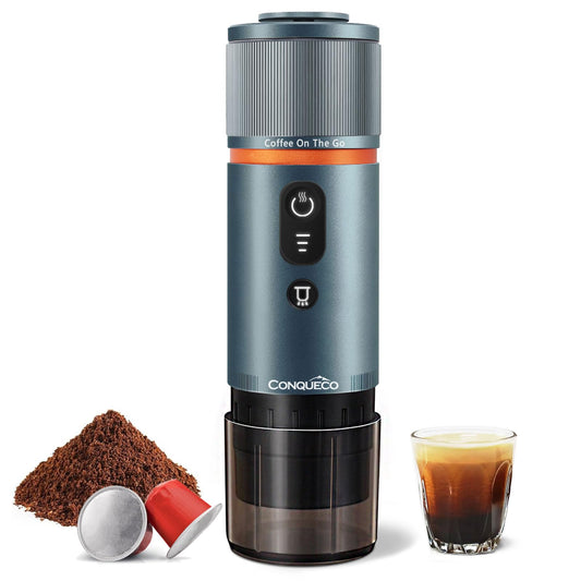 CONQUECO - Cafetera espresso portátil de 12 V, eléctrica, pequeña máquina exprés de viaje, autocalentable, 8 tazas, compatible con cápsulas Nespresso, para camping, caravana, senderismo, oficina (azul