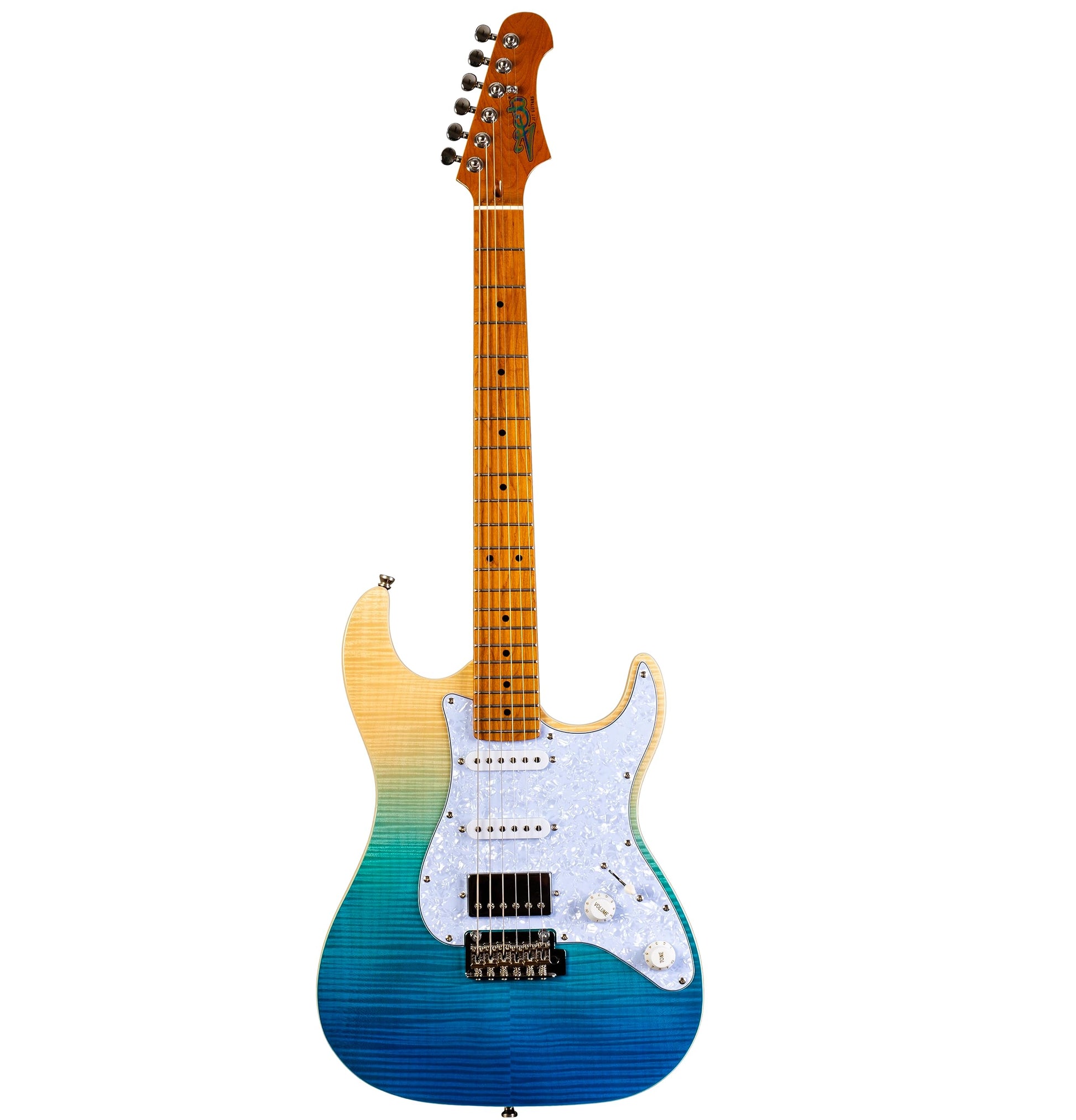 Jet Guitars JS450 TBL Strat Guitarra, pastillas HSS Alnico, cuerpo de tilo sólido con tapa de arce llama, cuello de arce tostado de 22 trastes, afinadores de bloqueo, trémolo de 2 puntos