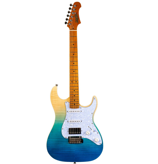 Jet Guitars JS450 TBL Strat Guitarra, pastillas HSS Alnico, cuerpo de tilo sólido con tapa de arce llama, cuello de arce tostado de 22 trastes, afinadores de bloqueo, trémolo de 2 puntos