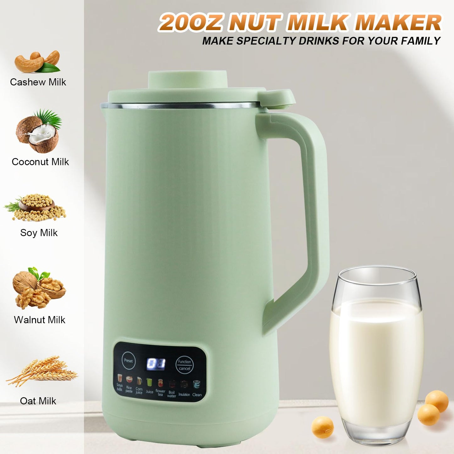 Máquina de Leche de Soja Automática 600ml Verde con Función para Leche de Nueces y Almendras