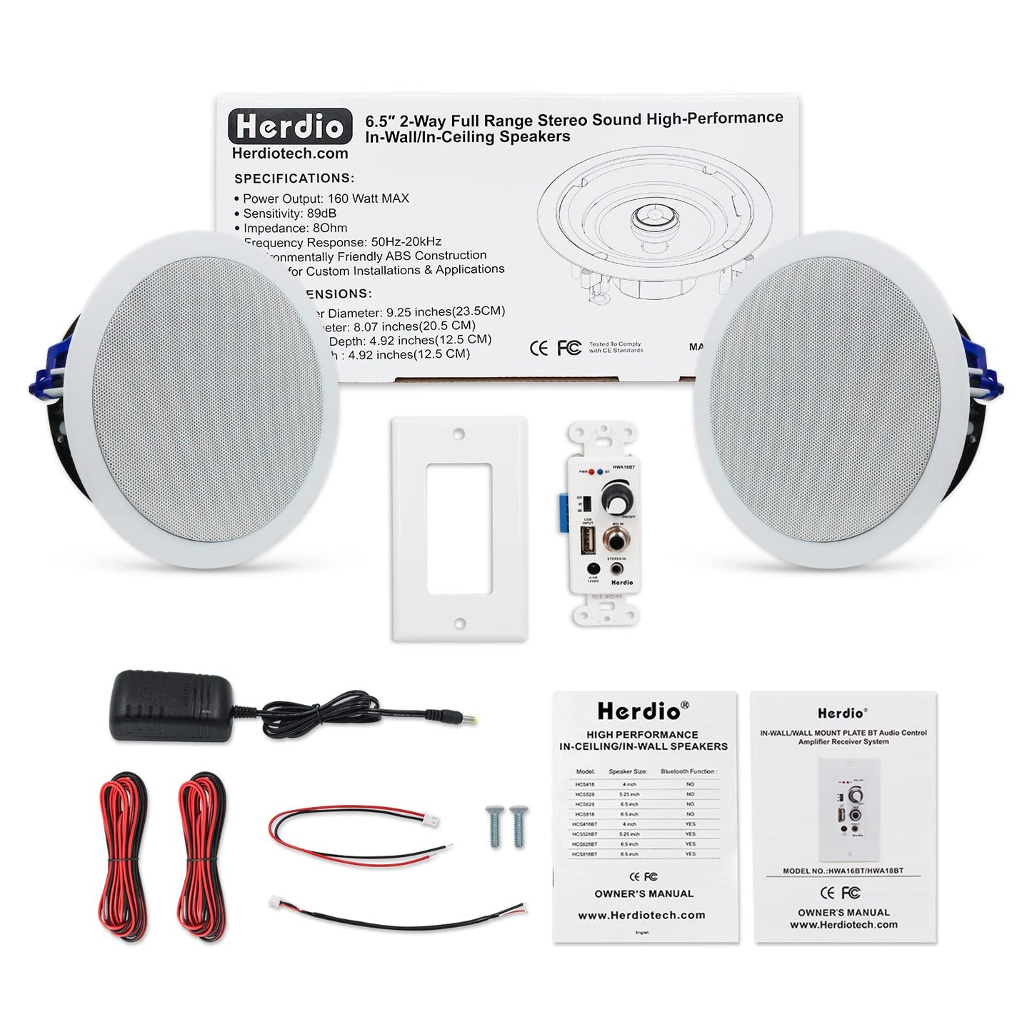 Herdio - Altavoces de techo Bluetooth de 6.5 pulgadas, 320 W, montaje empotrado de 2 vías, receptor amplificador de pared, adecuado para cine en casa, baño, sala de estar, cocina, oficina (blanco,