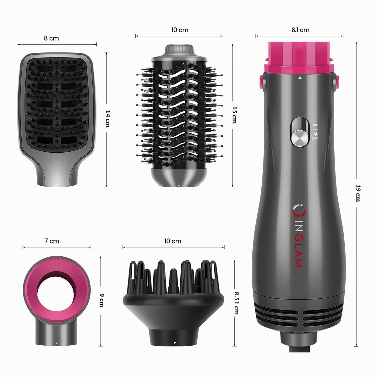 Juego de Cepillos IG INGLAM Gris 4 en 1 con Iones Negativos para Mujer