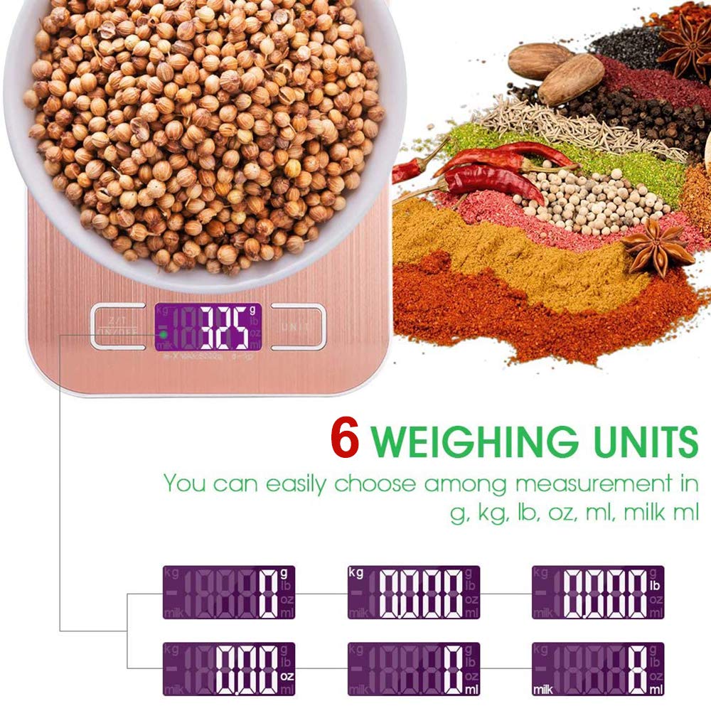 Báscula de Cocina con Carga USB Recargables 5kg / 11 lbs Peso Cocina Digital Balanza Alimentos de Acero inoxidable con Pantalla LCD Función de Tara (rosa)