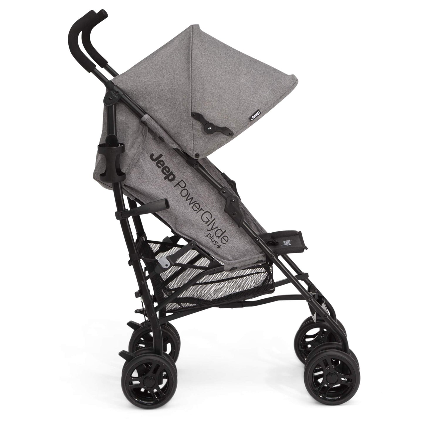 Jeep PowerGlyde Plus - carriola de viaje ligero para niños, con marco de aluminio, reclinación de 4 posiciones, cesta de almacenamiento extragrande, gris