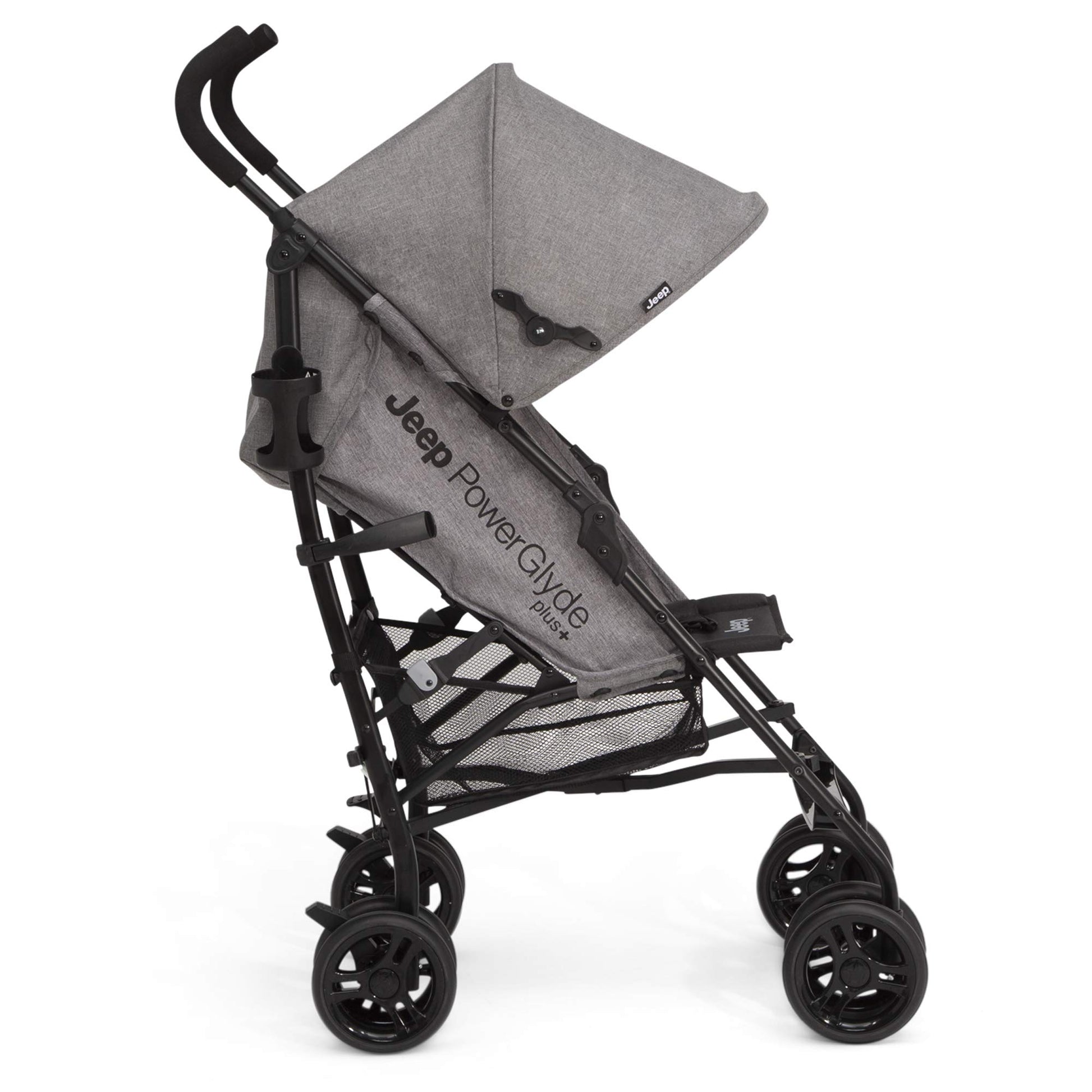 Jeep PowerGlyde Plus - carriola de viaje ligero para niños, con marco de aluminio, reclinación de 4 posiciones, cesta de almacenamiento extragrande, gris