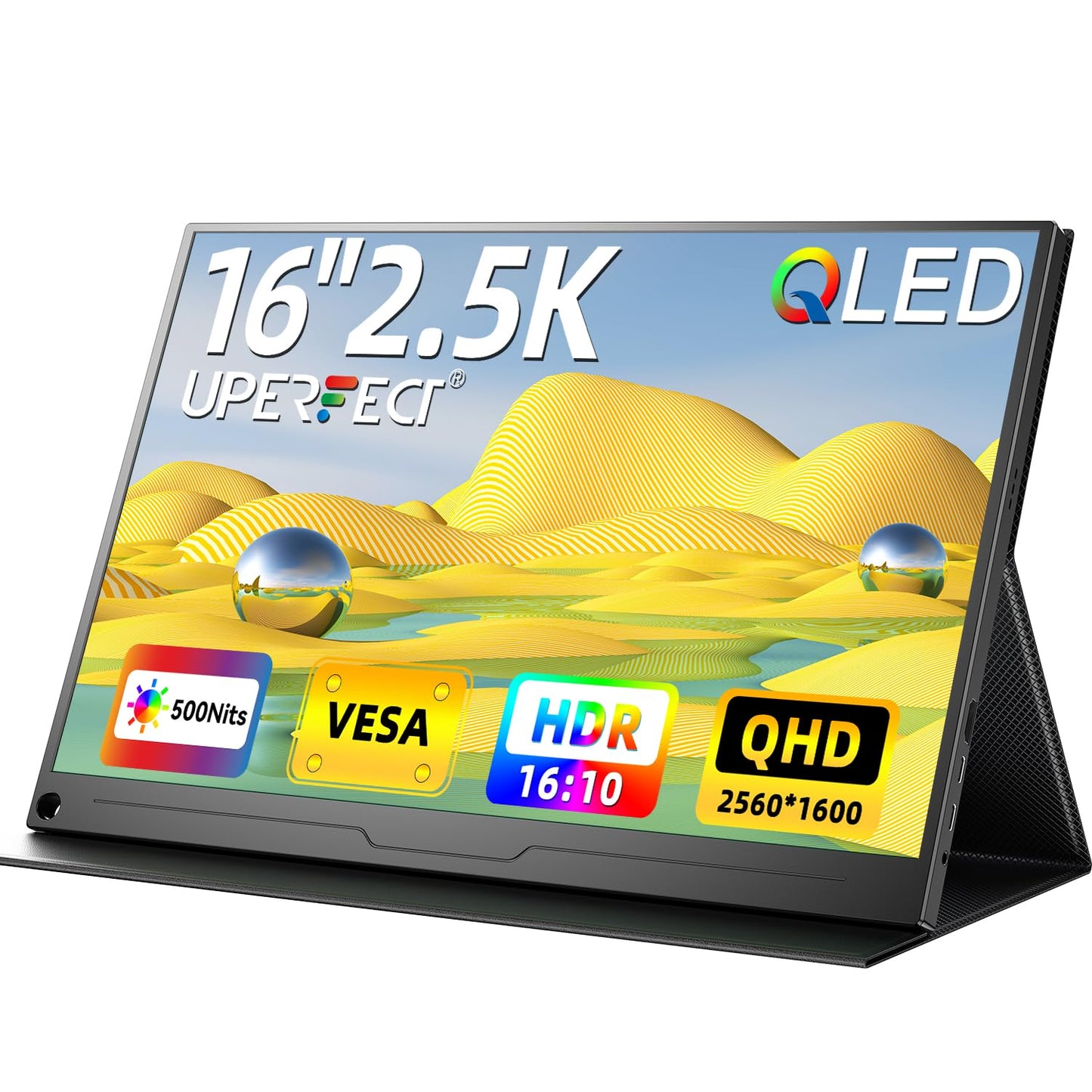 UPERFECT Monitor portátil QLED de 2.5 K, monitor portátil QHD de 16 pulgadas, 2560 x 1600, HDR FreeSync para portátil con VESA y funda inteligente para cuidado de los ojos mate, segunda visualización